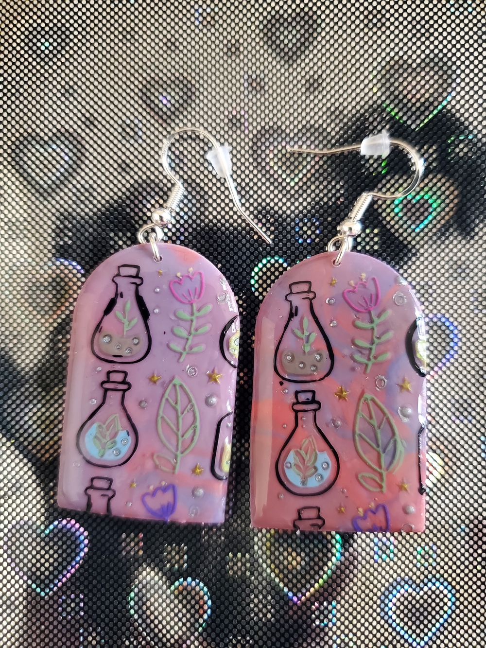Handmade Potion Bottle Floral Dangle Earrings
